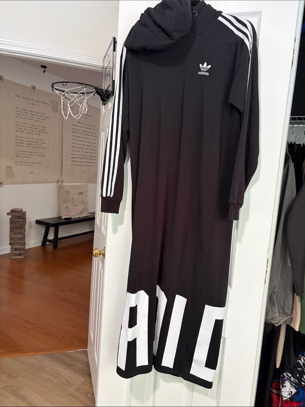 adidas Black Maxi Hoodie Dress with White Three-Stripes